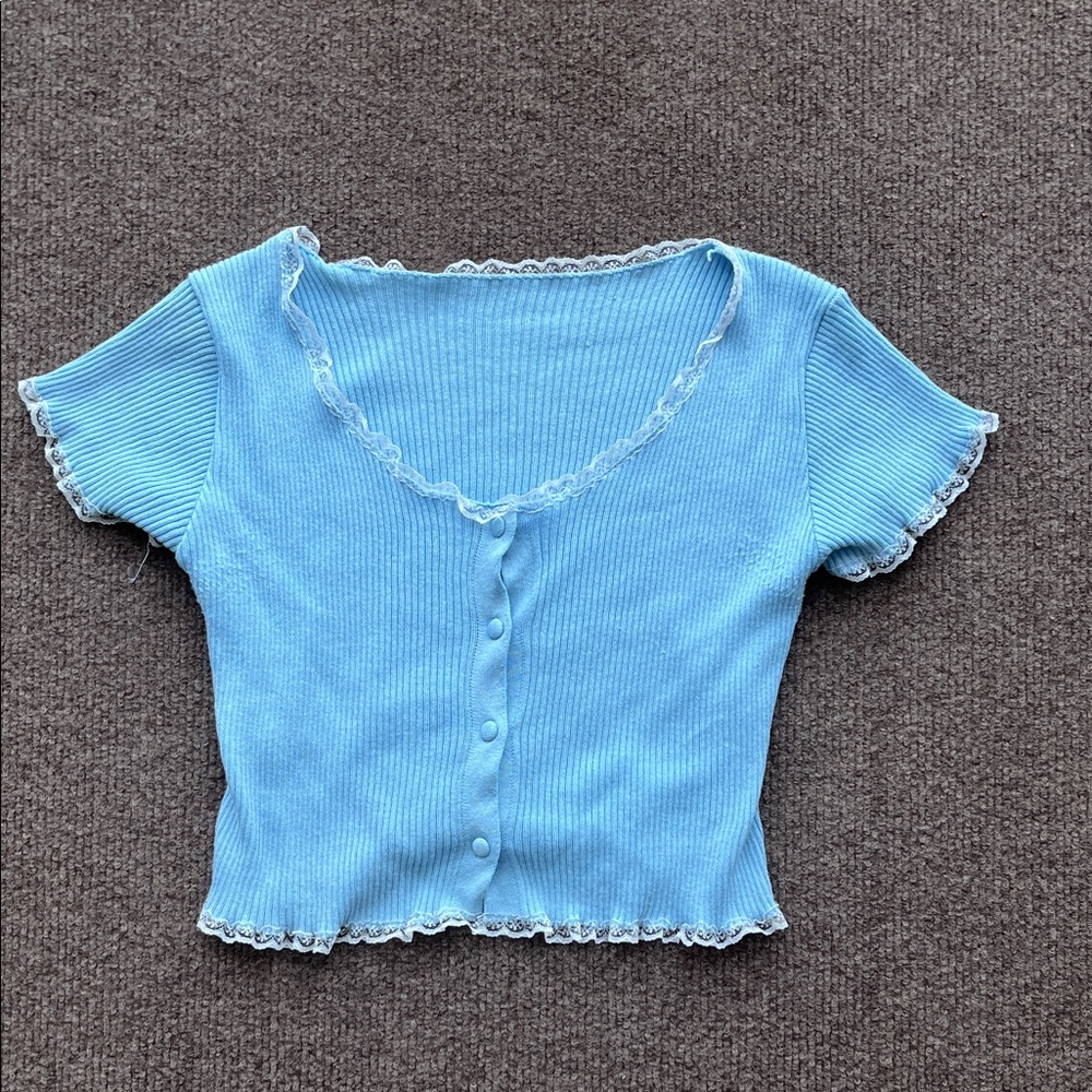 Light Blue Ribbed Lace-Trim Button Front Women's Top